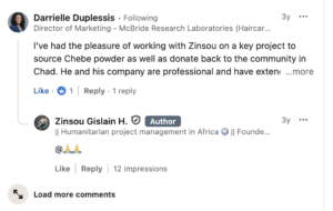 LinkedIn testimonial from Darrielle Duplessis, Director of Marketing at McBride Research Laboratories, about working with Zinsou and Essential Care Plus on Chebe powder sourcing in Chad