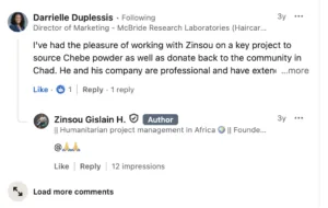 LinkedIn testimonial from Darrielle Duplessis, Director of Marketing at McBride Research Laboratories, about working with Zinsou and Essential Care Plus on Chebe powder sourcing in Chad