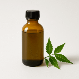 Virgin cold-pressed neem oil in amber bottle with neem leaves, wholesale