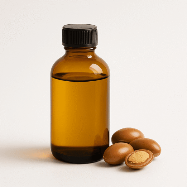 ai-generated-20260926-013639-ktF0qC Cold-pressed argan oil in amber bottle with argan kernels, wholesale