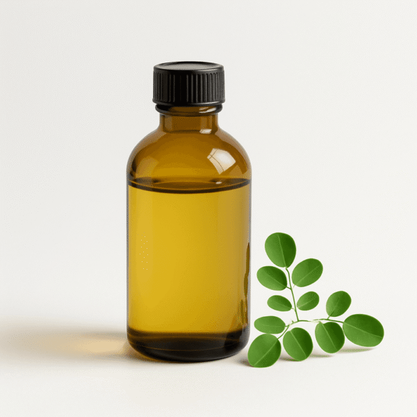 Cold-pressed moringa oil in amber bottle with moringa leaves, wholesale