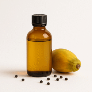 Cold-pressed papaya seed oil in amber bottle with papaya and seeds, wholesale